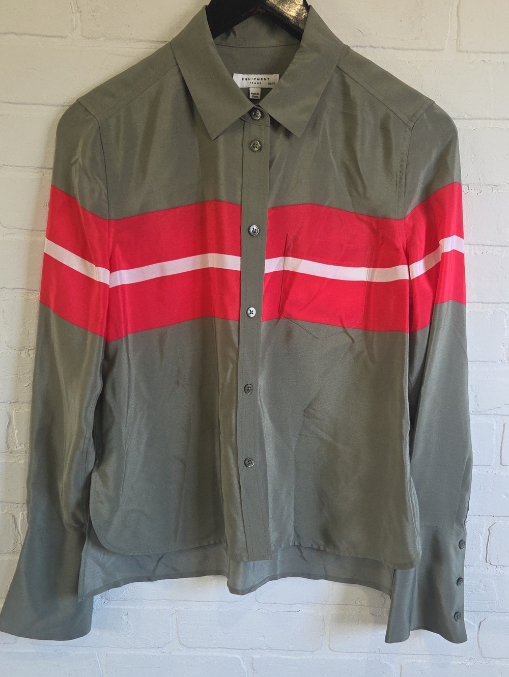 Equipment Olive Silk Button-Down Shirt with Red and White Stripes